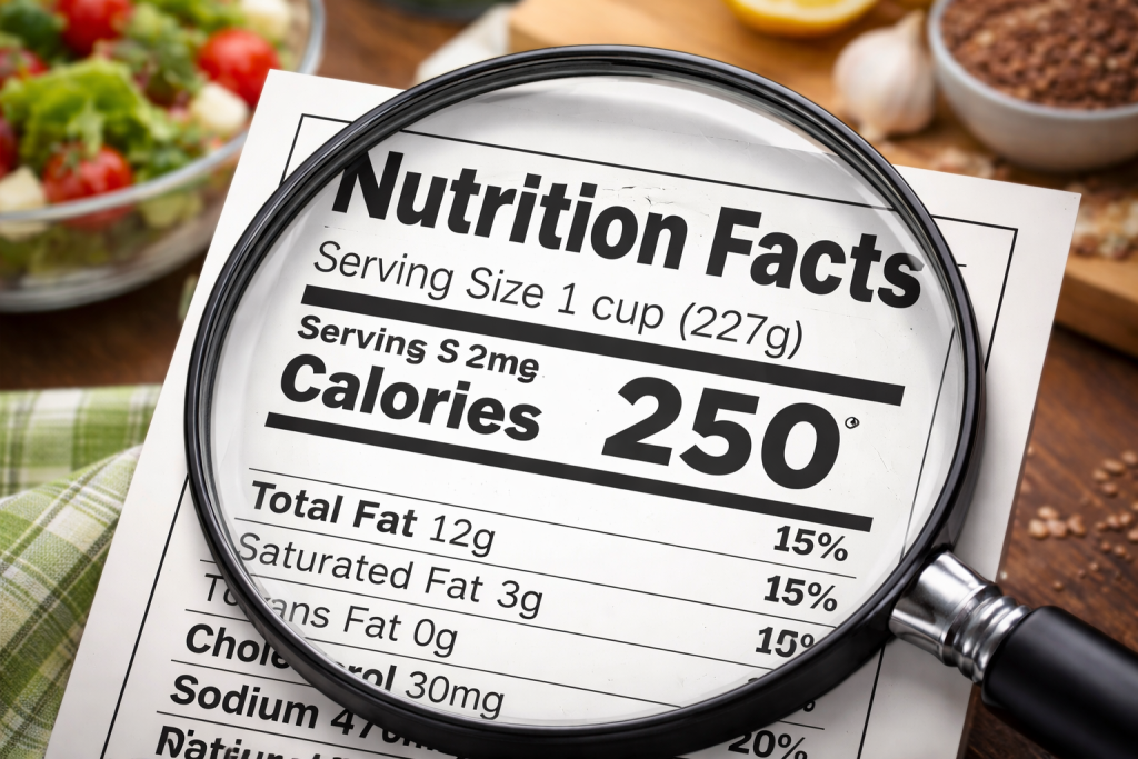 Reading nutrition labels on food packaging